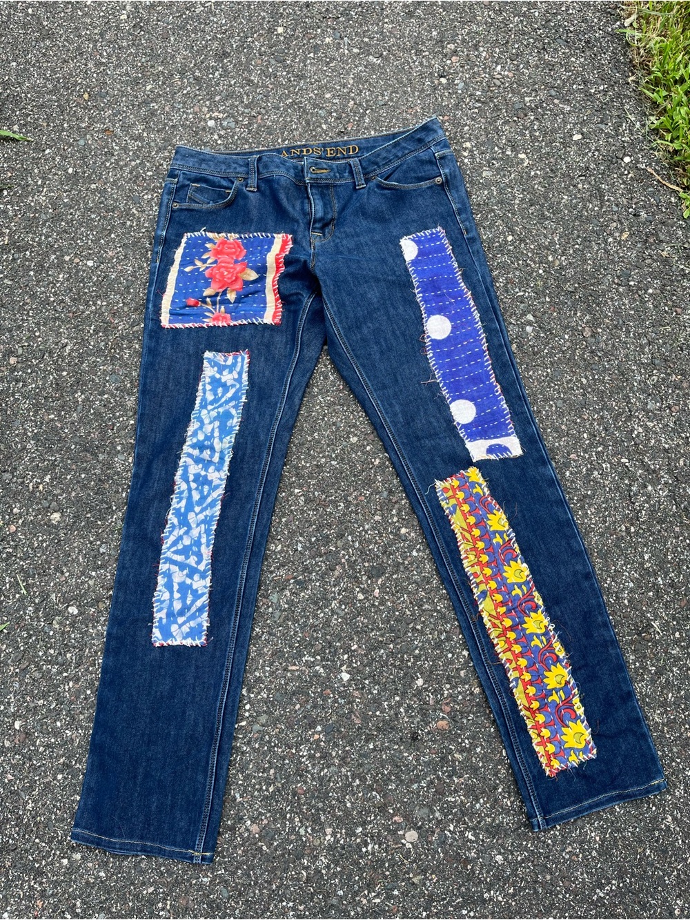 Lands' End Dark Blue Straight-Leg Jeans with Colorful Patchwork